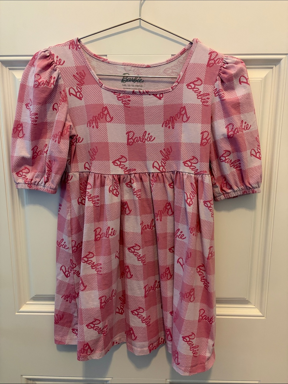 Barbie Pink Plaid Logo Puff Sleeve Casual Dress